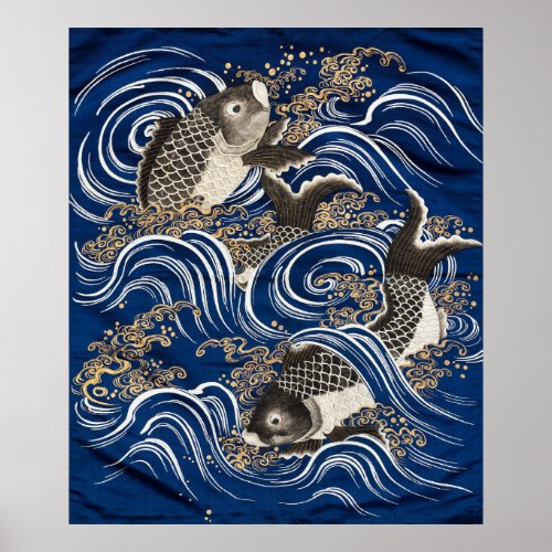 Vintage Japanese Carp In Waves Retro Poster