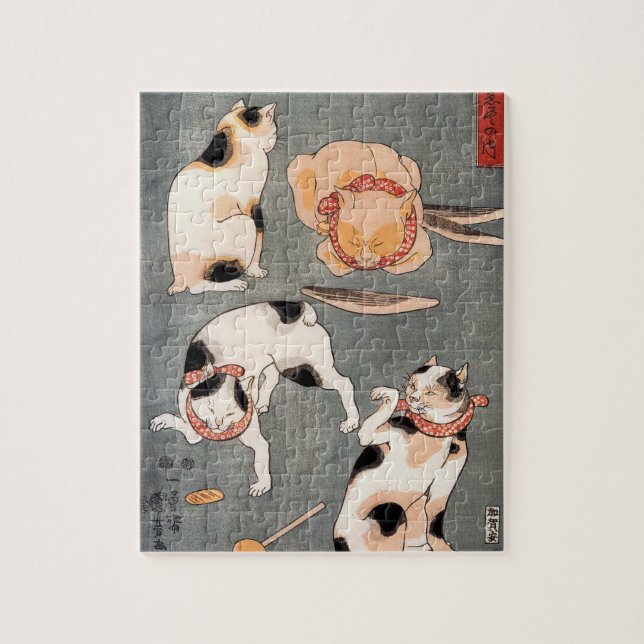 Vintage Japanese Cat Art Jigsaw Puzzle (Vertical)