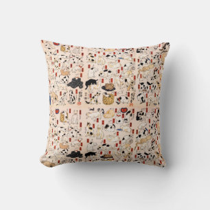 Vintage Japanese Cats Menagerie Woodblock Ukiyo-e Throw Pillow