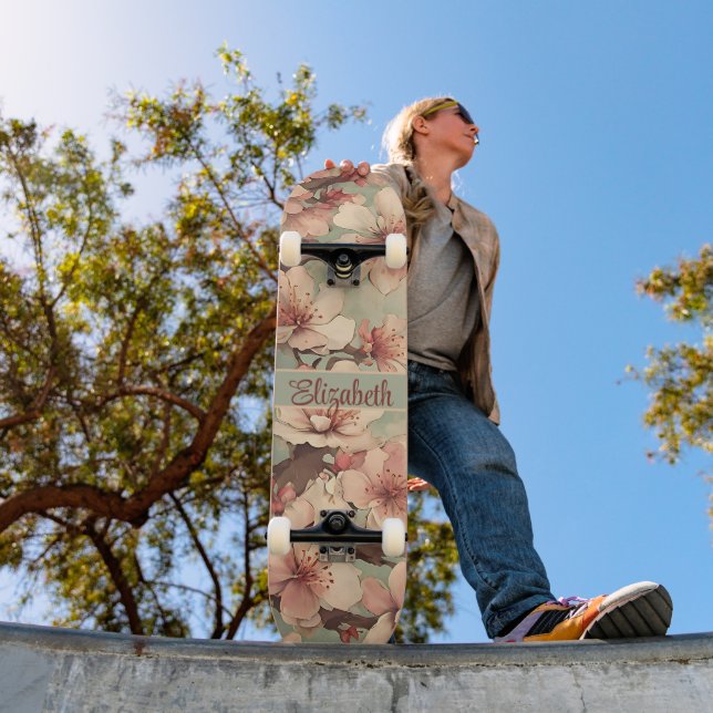 Vintage Japanese Cherry Blossom Art Custom Name Skateboard (Outdoor 1)