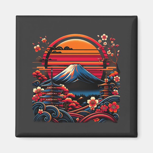 Vintage Japanese Cherry Blossom Sakura Mount Fuji Magnet (Front)
