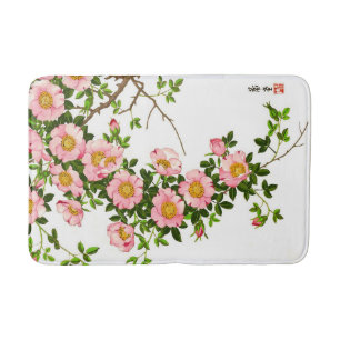 Vintage Japanese Cherry Blossoms, Pink and Gold Bathroom Mat