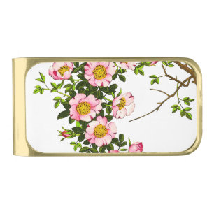 Vintage Japanese Cherry Blossoms, Pink and Gold Finish Money Clip