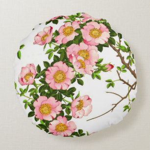 Vintage Japanese Cherry Blossoms, Pink and Gold Round Pillow