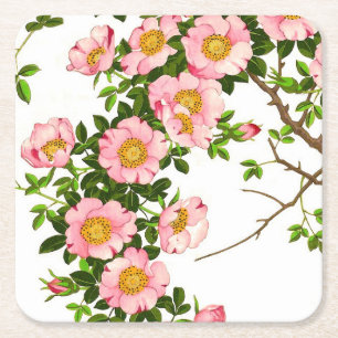 Vintage Japanese Cherry Blossoms, Pink and Gold Square Paper Coaster