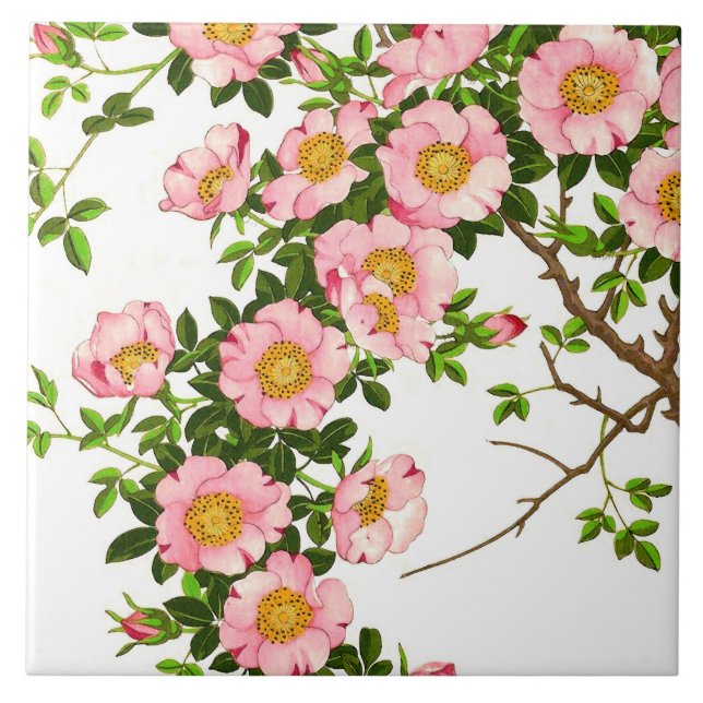 Vintage Japanese Cherry Blossoms, Pink and Gold Tile (Front)