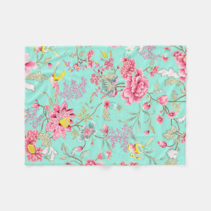 Vintage Japanese Chinoiserie Floral Mint Pattern Fleece Blanket