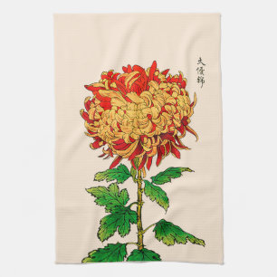 Vintage Japanese Chrysanthemum. Mustard Gold Kitchen Towel