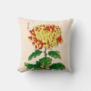 Vintage Japanese Chrysanthemum. Mustard Yellow Throw Pillow