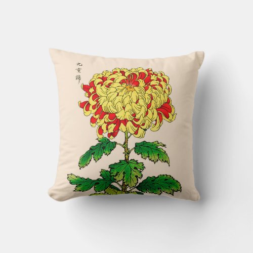 Vintage Japanese Chrysanthemum Mustard Yellow Throw Pillow