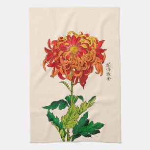 Vintage Japanese Chrysanthemum. Rust and Orange Kitchen Towel