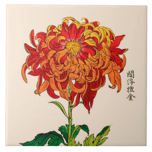Vintage Japanese Chrysanthemum. Rust and Orange Tile