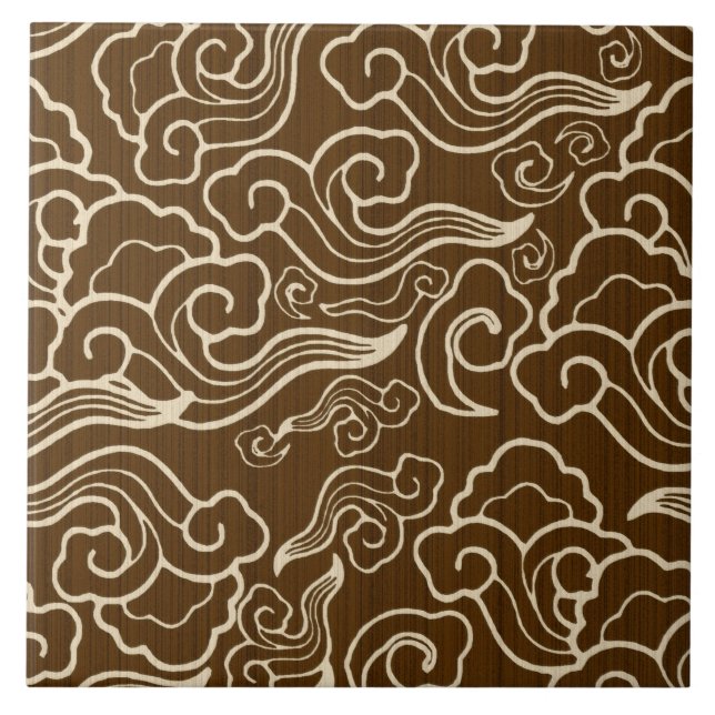 Vintage Japanese Clouds, Chocolate Brown Ceramic Tile (Front)