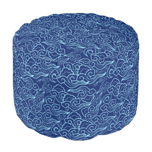 Vintage Japanese Clouds, Cobalt and Sky Blue Pouf