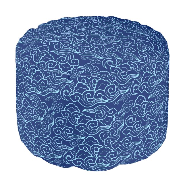 Vintage Japanese Clouds, Cobalt and Sky Blue Pouf (Angled Front)