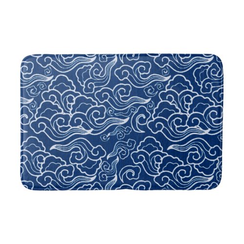 Vintage Japanese Clouds Cobalt Blue and White Bathroom Mat