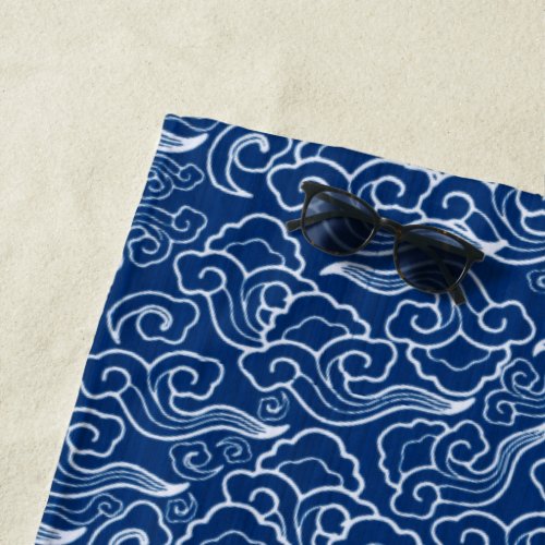 Vintage Japanese Clouds Cobalt Blue and White Beach Towel