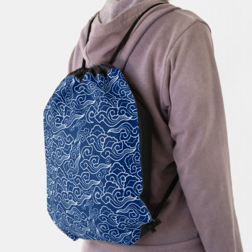 Vintage Japanese Clouds Cobalt Blue and White Drawstring Bag