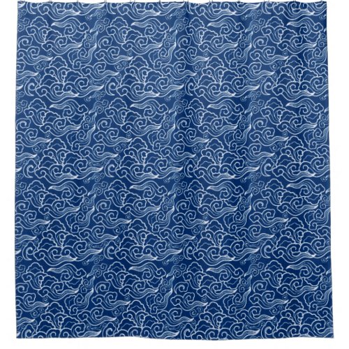 Vintage Japanese Clouds Cobalt Blue and White Shower Curtain