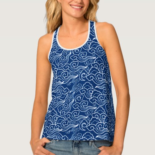 Vintage Japanese Clouds Cobalt Blue and White Tank Top