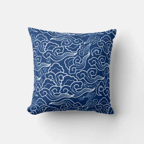 Vintage Japanese Clouds Cobalt Blue and White Throw Pillow