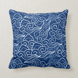 Vintage Japanese Clouds, Cobalt Blue and White Throw Pillow