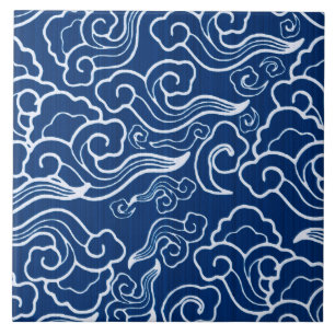 Vintage Japanese Clouds, Cobalt Blue and White Tile