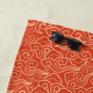 Vintage Japanese Clouds, Coral Orange Beach Towel