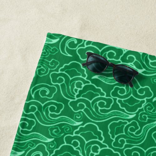 Vintage Japanese Clouds Jade Green Beach Towel