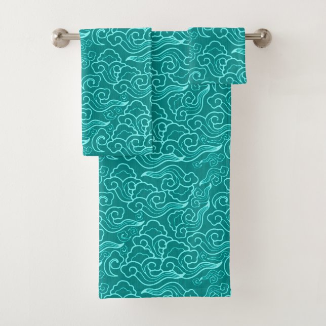 Vintage Japanese Clouds, Turquoise and Aqua Bath Towel Set (Insitu)