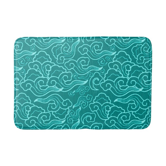 Vintage Japanese Clouds, Turquoise and Aqua Bathroom Mat (Front)