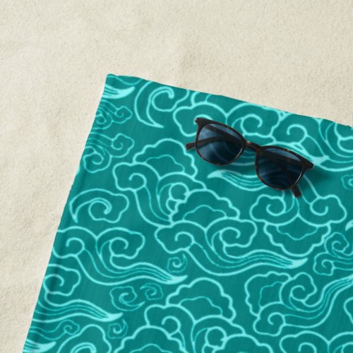 Vintage Japanese Clouds Turquoise and Aqua Beach Towel