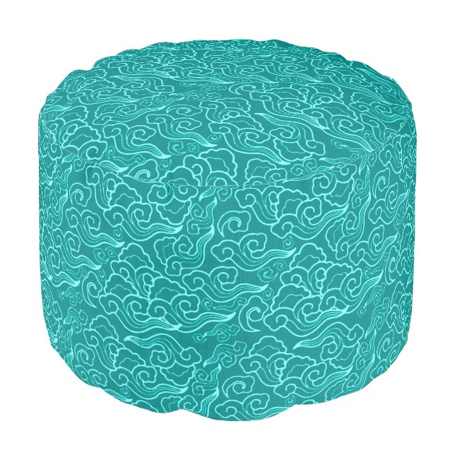Vintage Japanese Clouds, Turquoise and Aqua Pouf (Angled Front)
