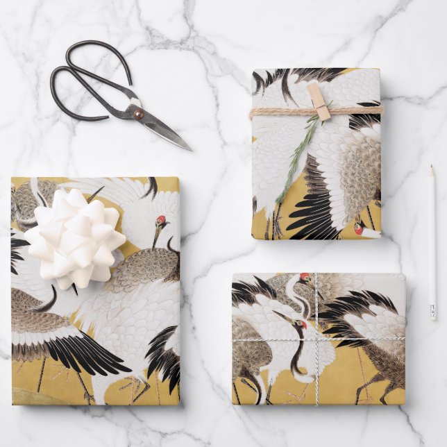 Vintage Japanese Crane Bird Flocks Wrapping Paper Sheets (Front)