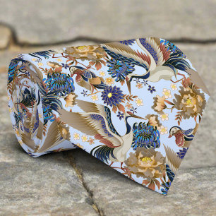 Vintage Japanese Crane Blue Chrysanthemum Sky Blue Neck Tie