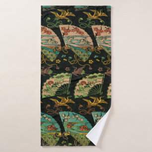 Vintage Japanese Crane & Fan Floral Art Pattern Bath Towel Set
