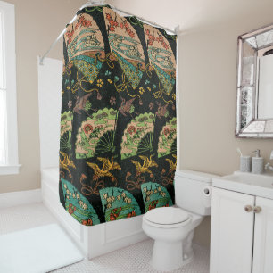 Vintage Japanese Crane & Fan Floral Art Pattern Shower Curtain