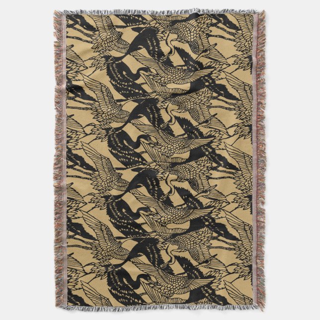 Vintage Japanese Crane Pattern Throw Blanket (Front Vertical)