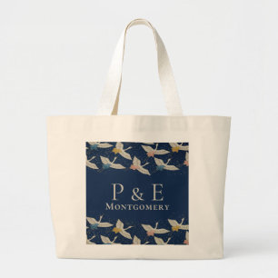 Vintage Japanese Cranes Wedding Party Monogrammed Large Tote Bag