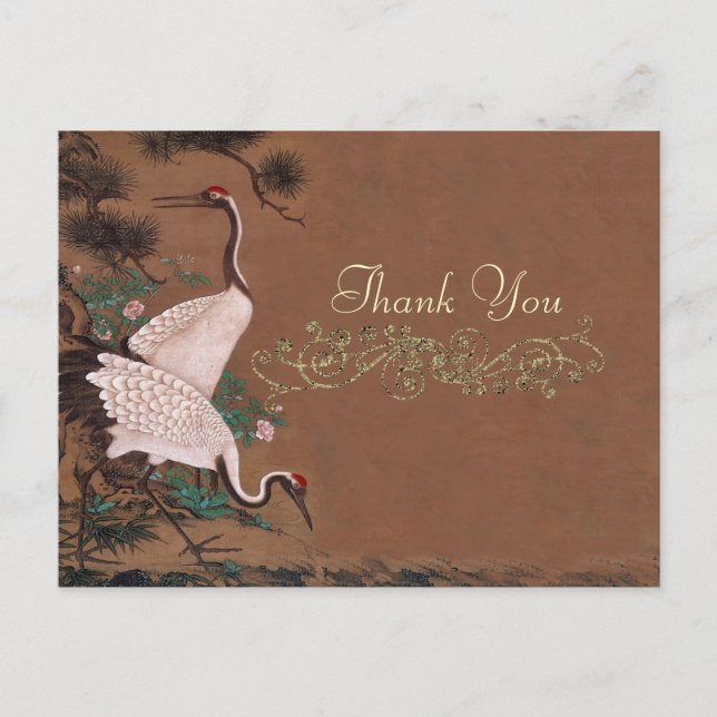 Vintage Japanese Cranes Wedding Thank You Postcard (Front)