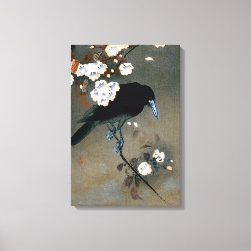 Vintage Japanese Crow and Blossom Woodblock Print