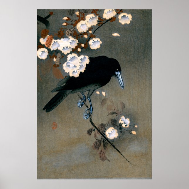 Vintage Japanese Crow and Blossom Woodblock Print (Front)