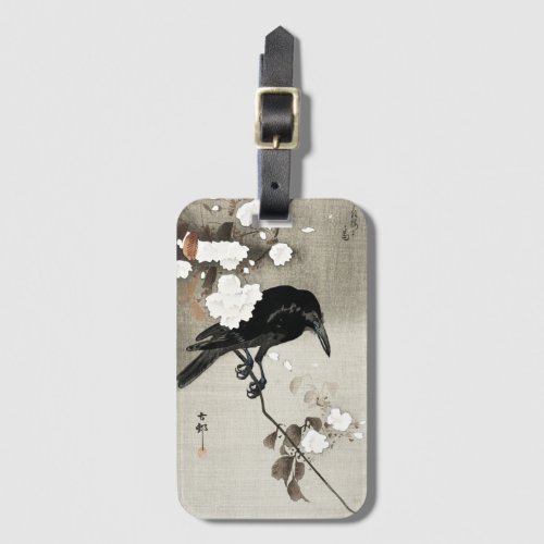 Vintage Japanese Crow and Blossom Woodblock Print Luggage Tag