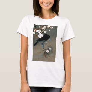Vintage Japanese Crow and Blossom Woodblock Print T-Shirt