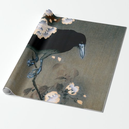 Vintage Japanese Crow and Blossom Woodblock Print Wrapping Paper