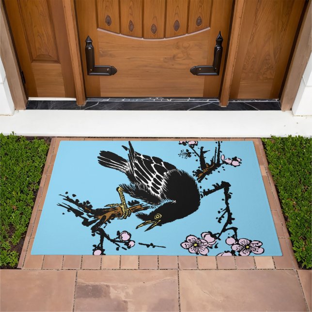 Vintage Japanese Crow and Cherry Blossoms Doormat (Outdoor)
