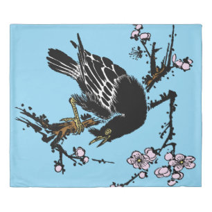 Vintage Japanese Crow and Cherry Blossoms Duvet Cover