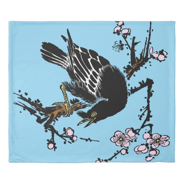 Vintage Japanese Crow and Cherry Blossoms Duvet Cover (Front)