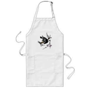 Vintage Japanese Crow and Cherry Blossoms Long Apron
