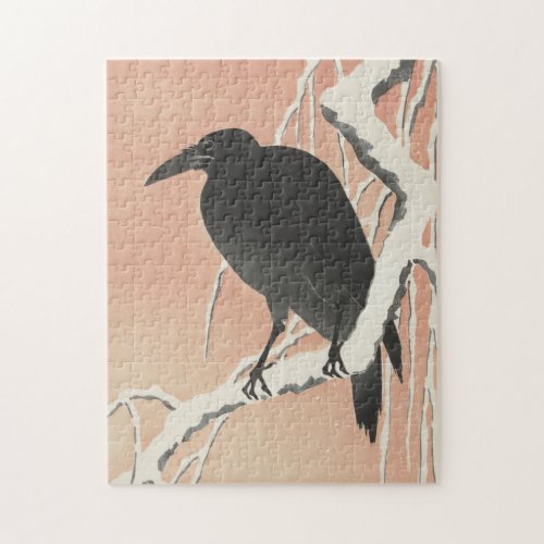 Vintage Japanese Crow on Snowy Branch at Sunset Jigsaw Puzzle